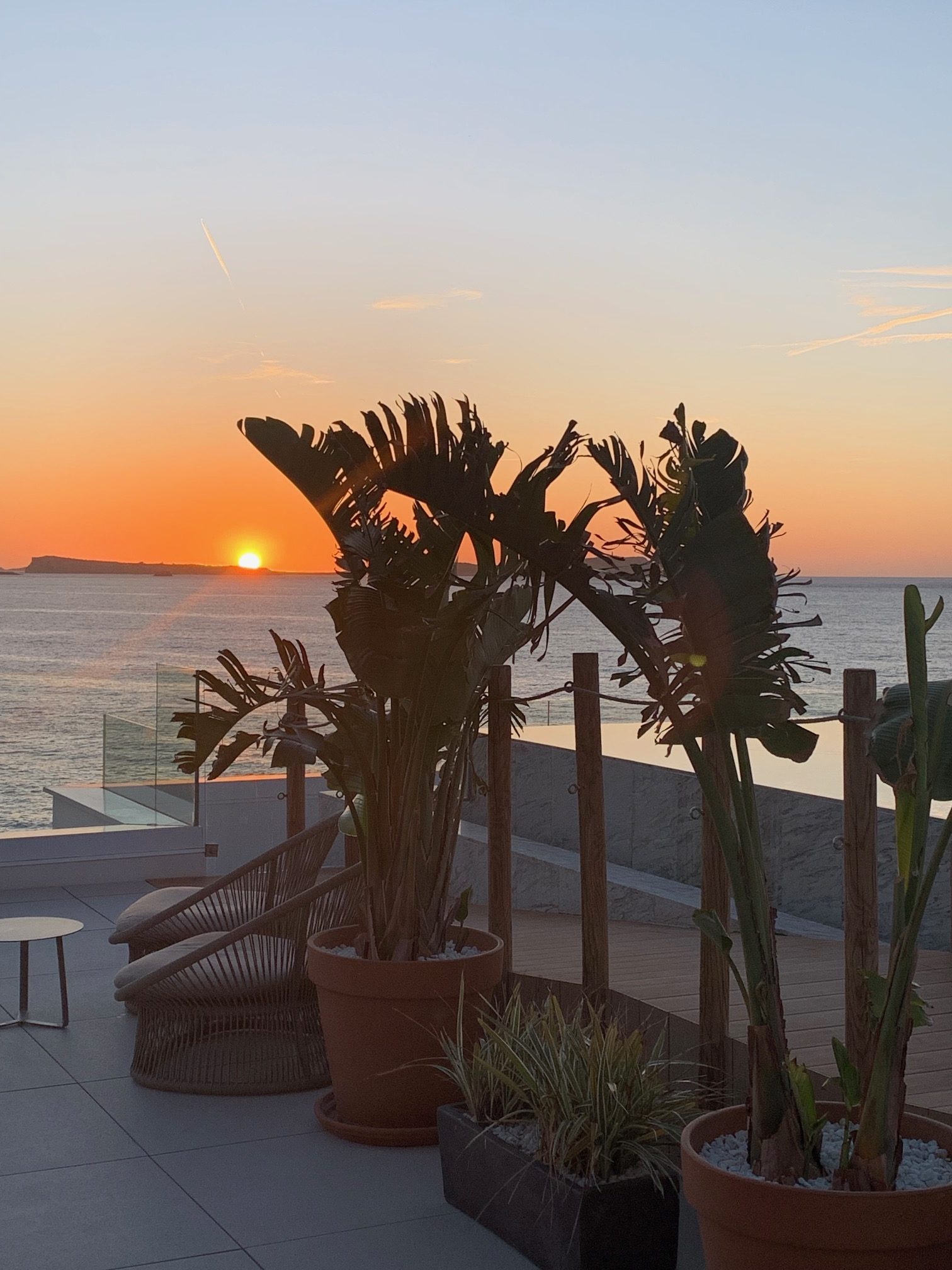 Une terrasse sur laquelle sont posés des palmiers en pot ainsi que des fauteuils. La vue donne sur la mer, au moment du coucher de soleil. Le ciel est bleu.